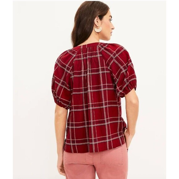 NWT LOFT Tie Neck Puff Sleeve Red Plaid Blouse Sz S Peasant Casual Comfort - Picture 3 of 11